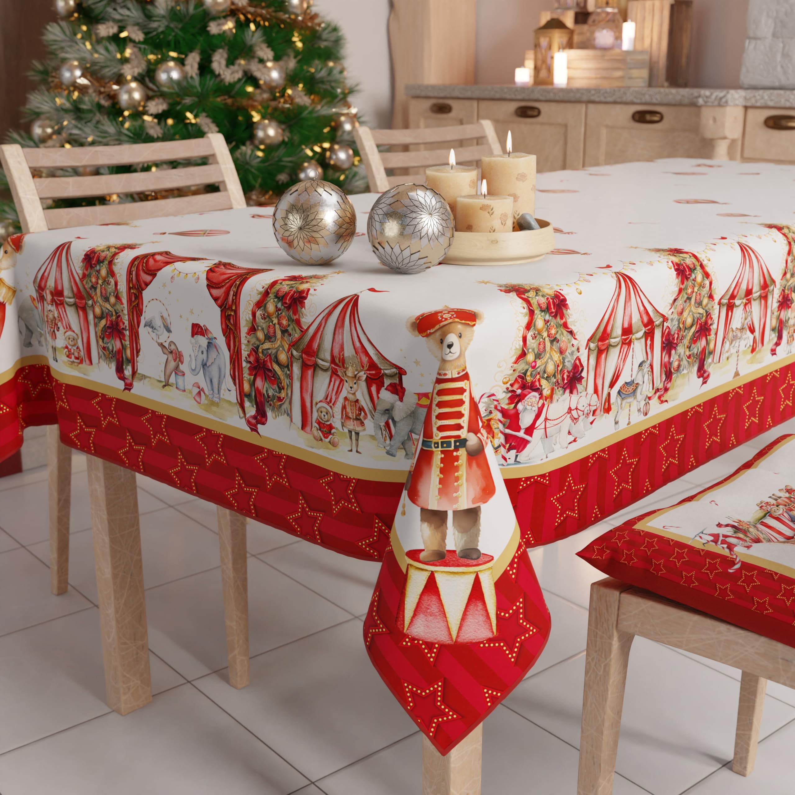 PETTI Artigiani Italiani Stain-Resistant Tablecloth Christmas – 140x180 cm Rectangular Festive Table Cover for Kitchen or Dining Table, Circus Design – 6 Seats, 100% Made in Italy