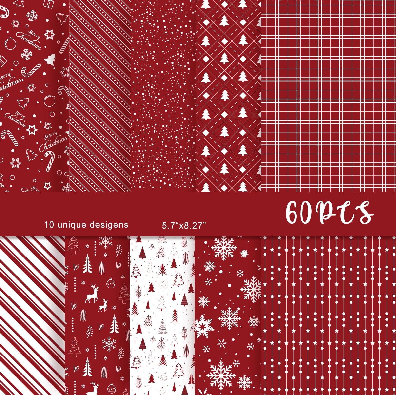 MIAHART 60 Pieces Merry Christmas Pattern Paper Set 10 Designs Festival Craft Paper for Card Making Scrapbook (Red & White, A5)