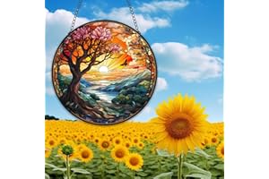 HOTIYOK Tree of Life Acrylic Window Hangings Sunrise Mountain Landscape Stained Wall Decor, Ideal Housewarming Gift, Home Decor for Mom Grandma Wife Teacher