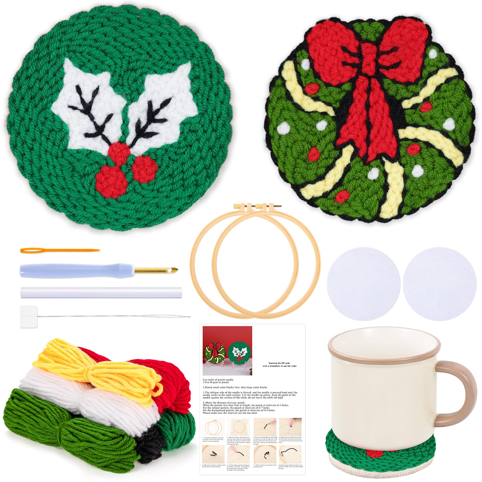 JSRQT Christmas Punch Needle Coaster Crafts Kit, Embroidery Set for Adults Beginners, Easy DIY Craft with Patterns Tools Yarns Hoop Instructions Holder Drink Car Decor 2 Pcs