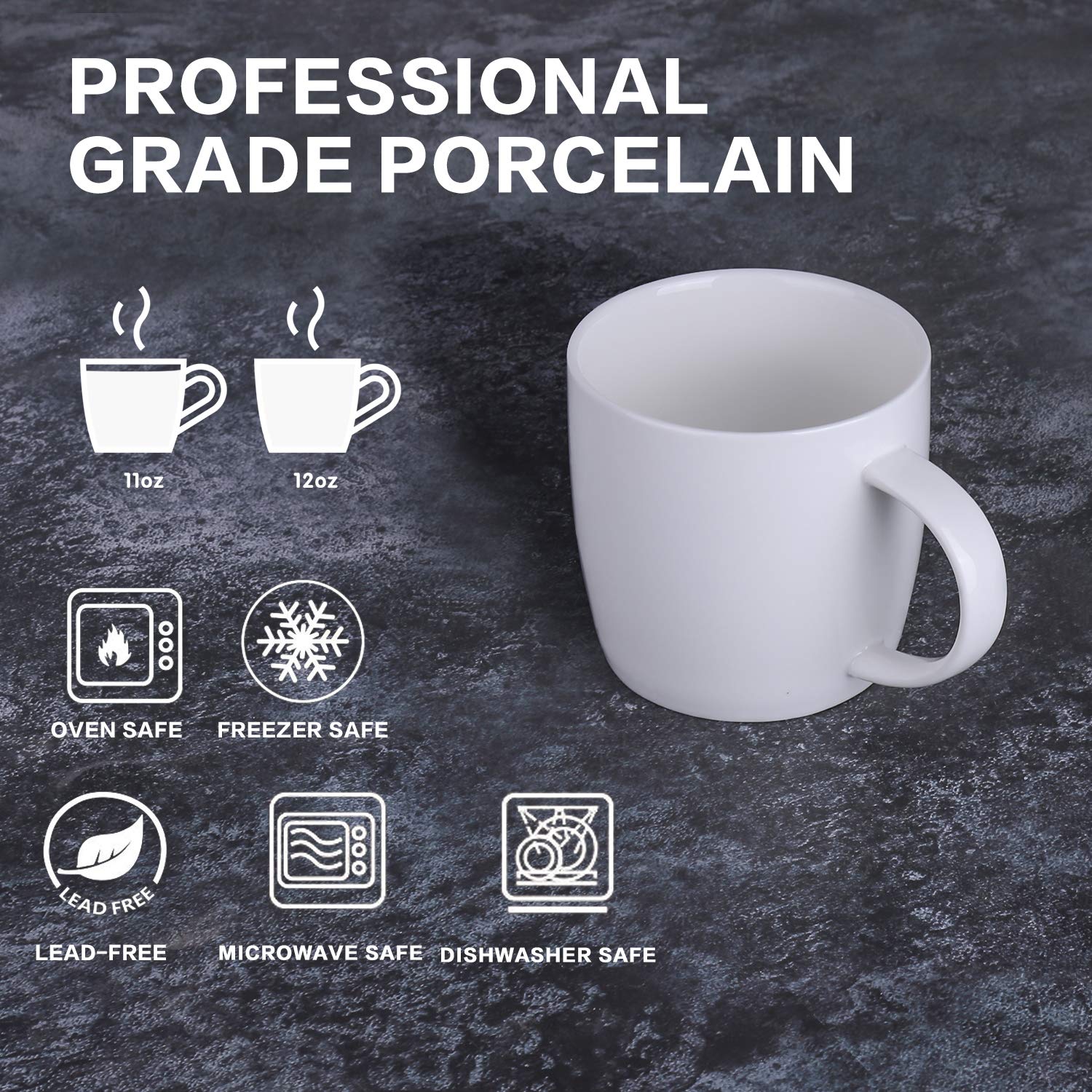 Alt-GT Porcelain Mugs for Coffee, Tea, Cocoa, Latte,Ceramic Mulled Drinks Restaurant Mug Set, Set of 6 (White-10oz)