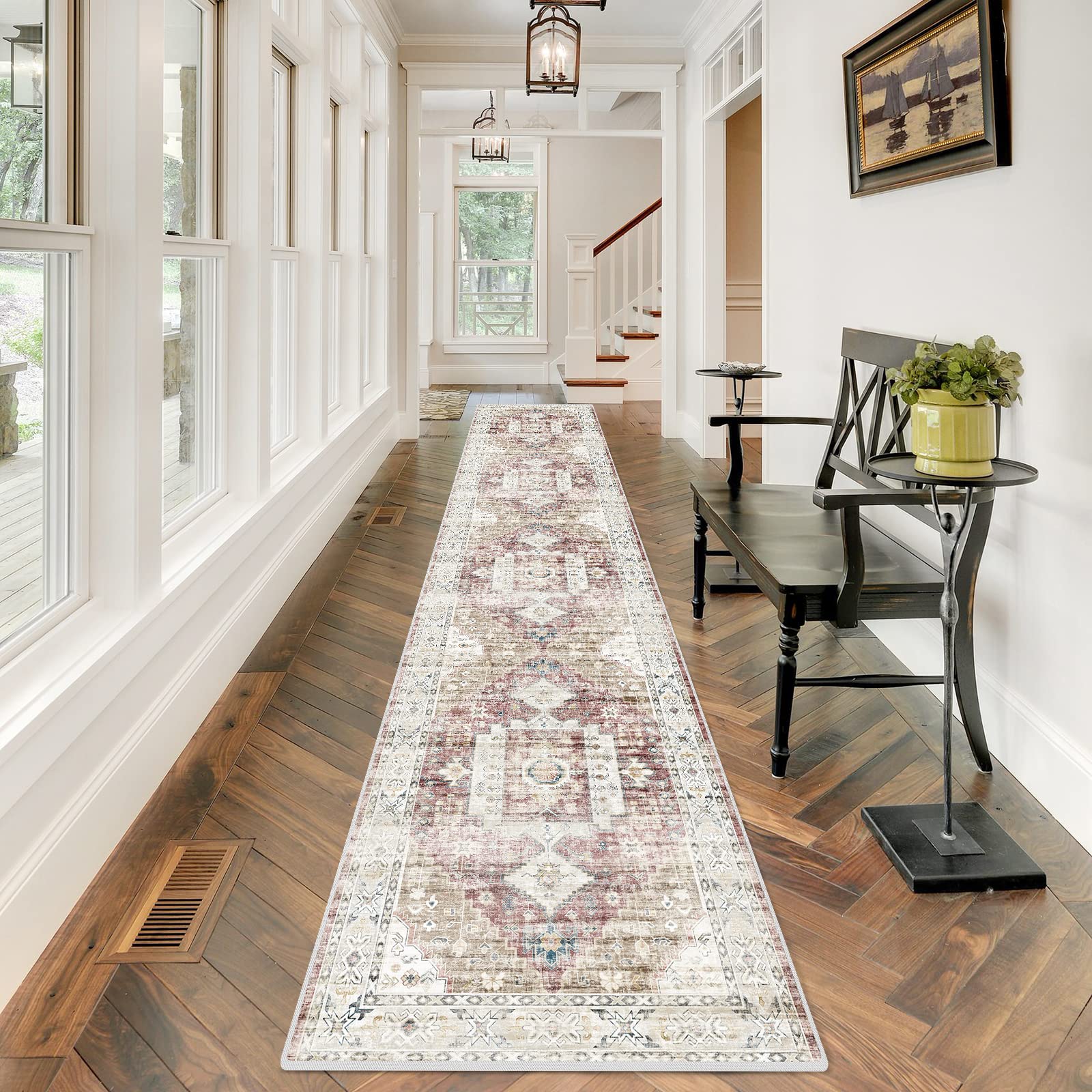 RUUGME Washable Runner Rug 2'6x12 - Hallway Runner Rug with Non Slip Backing Stain Resistant Rugs for Living Room Bedroom Vintage Distressed Mat Soft Floor Carpet for Bathroom (2'6''x12', Brick)