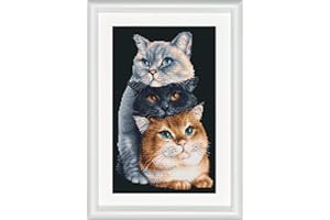 Thea GOUVERNEUR SINCE 1959 Dutch Stitch Brothers - Counted Cross Stitch Kit - DSB015 - Three Cats - Black Aida - 10.2 x 7.1 Inch - DIY for Adults