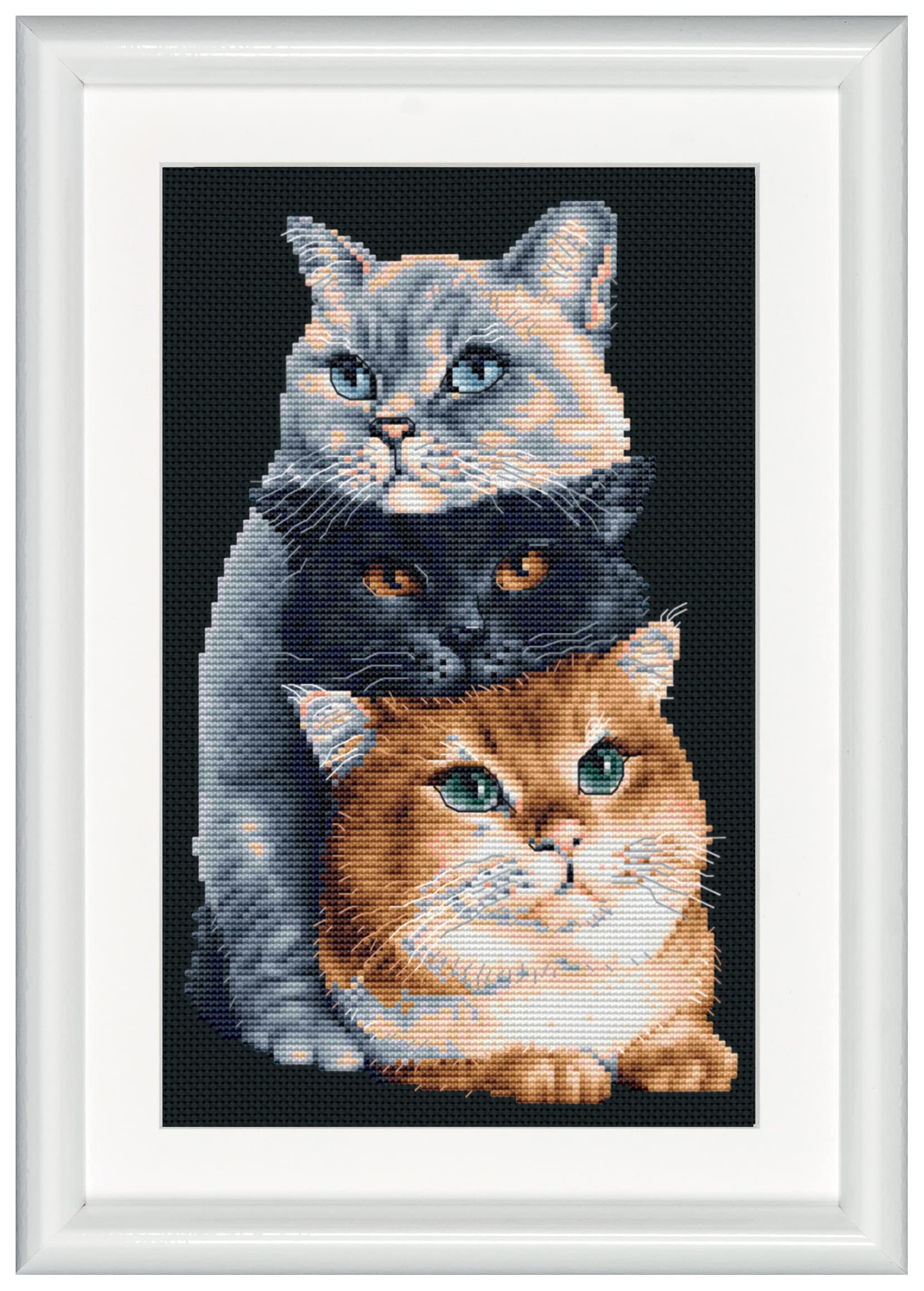 DUTCH STITCH BROTHERS - Counted Cross Stitch Kit - DSB015 - Three Cats - Black Aida - 10.2 x 7.1 Inch - DIY for Adults