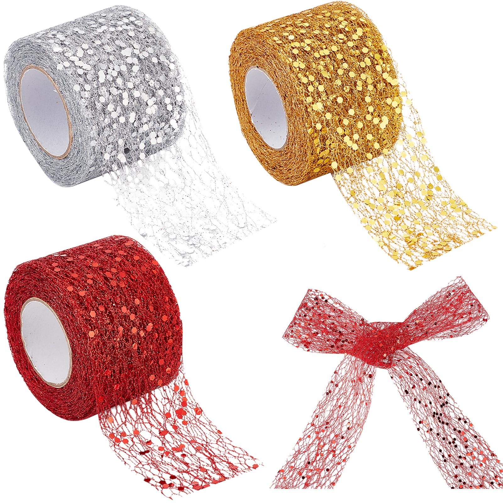 GORGECRAFT 30 Yards 3 Styles Sparkling Mesh Ribbon 2 Inch Width Satin Organza Metallic Web Glitter Sequins Decorative Wire Edge Tulle Roll Spool Fabric Net for Gift Wrapping Christmas Tree