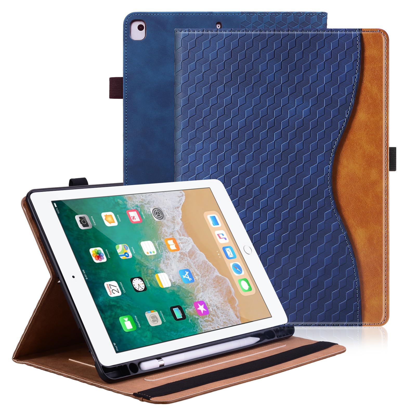 Vkooer Case for iPad 6th/5th Generation 9.7 inch with Pencil Holder - iPad 2018/2017, ipad Air 2/Air 1 Leather Folio Cover with Auto Sleep/Wake Multi Angle Stand - Dark blue