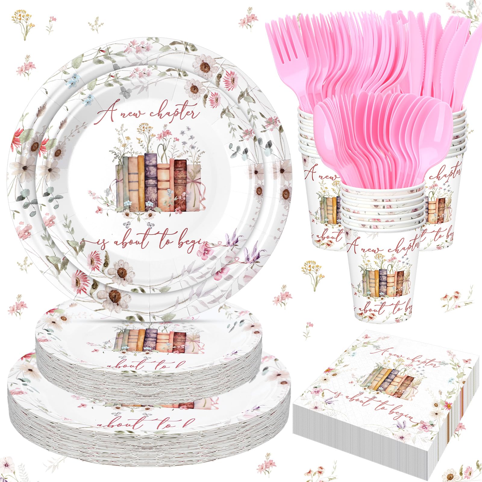 Photo 1 of Romooa 168 Pcs A New Chapter Is About to Begin Bridal Shower Tableware Set, Storybook Floral 9" 7" Paper Plates Cups Napkins Party Supplies, Book Wildflower Dinnerware for Bridal Shower Wedding