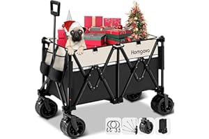 Homgava Collapsible Wagon with Big Wheels,Foldable Beach Wagon with Cup Holders,Heavy Duty Portable Enlarged Capacity Wagon Cart with Tail Bags,Outdoor Utility Garden Cart for Camping Sports Shopping