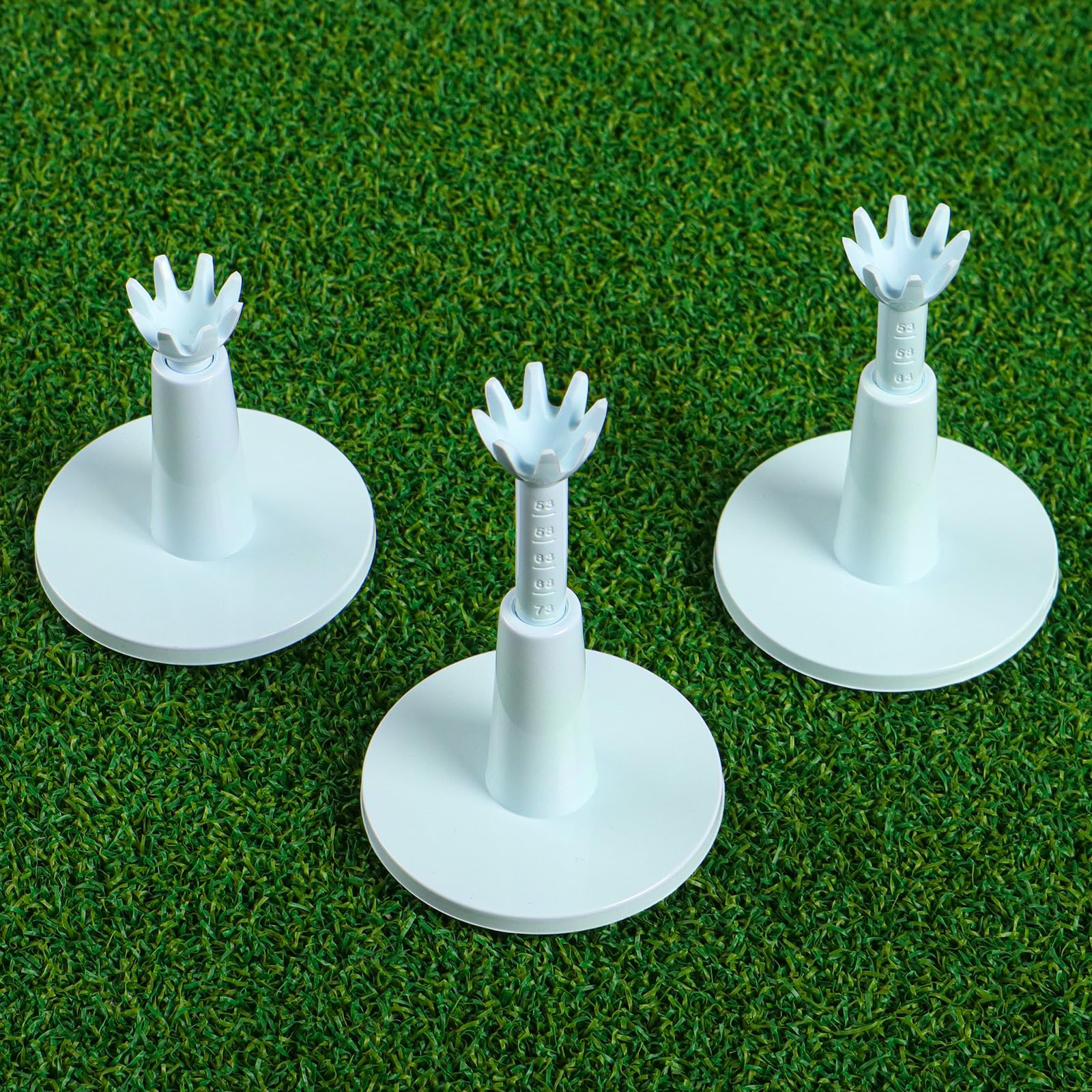 FINGER TEN Golf Rubber Tees Adjustable Value 3 6 Pack, Durable Rubber Material Tees 2.1"-2.9" Height Range, Flexible 8-Claw Base Design for Driving Range Simulator Use (3-Piece Set in White)