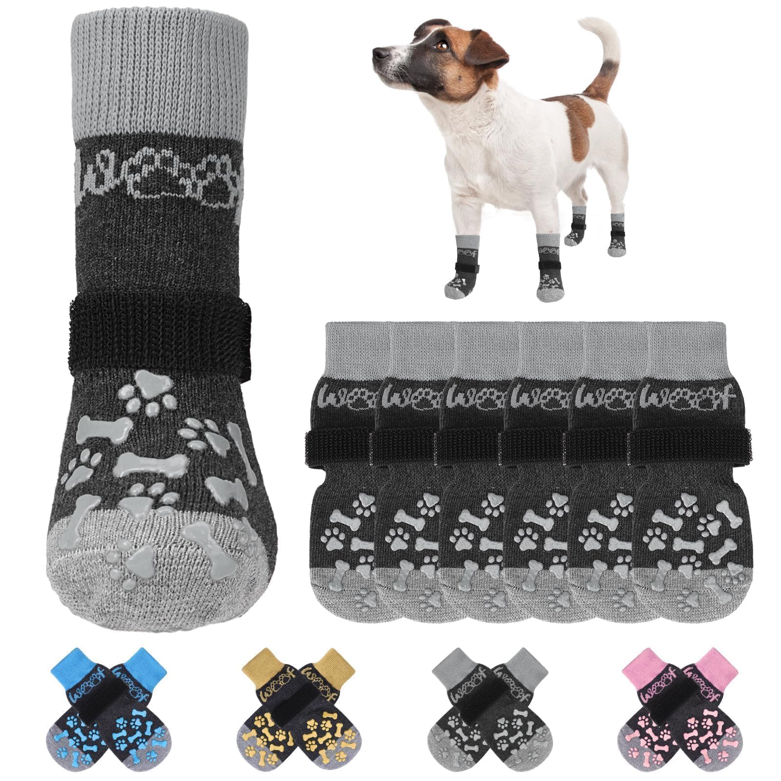 KOOLTAIL Non-Slip Dog Socks for Hardwood Floors, Dog Socks with Grippers for Hot/Cold Pavement, Outdoor Dog Shoes Booties&Paw Protector to Prevent Licking for Small Medium Large Senior Dogs, Grey SM