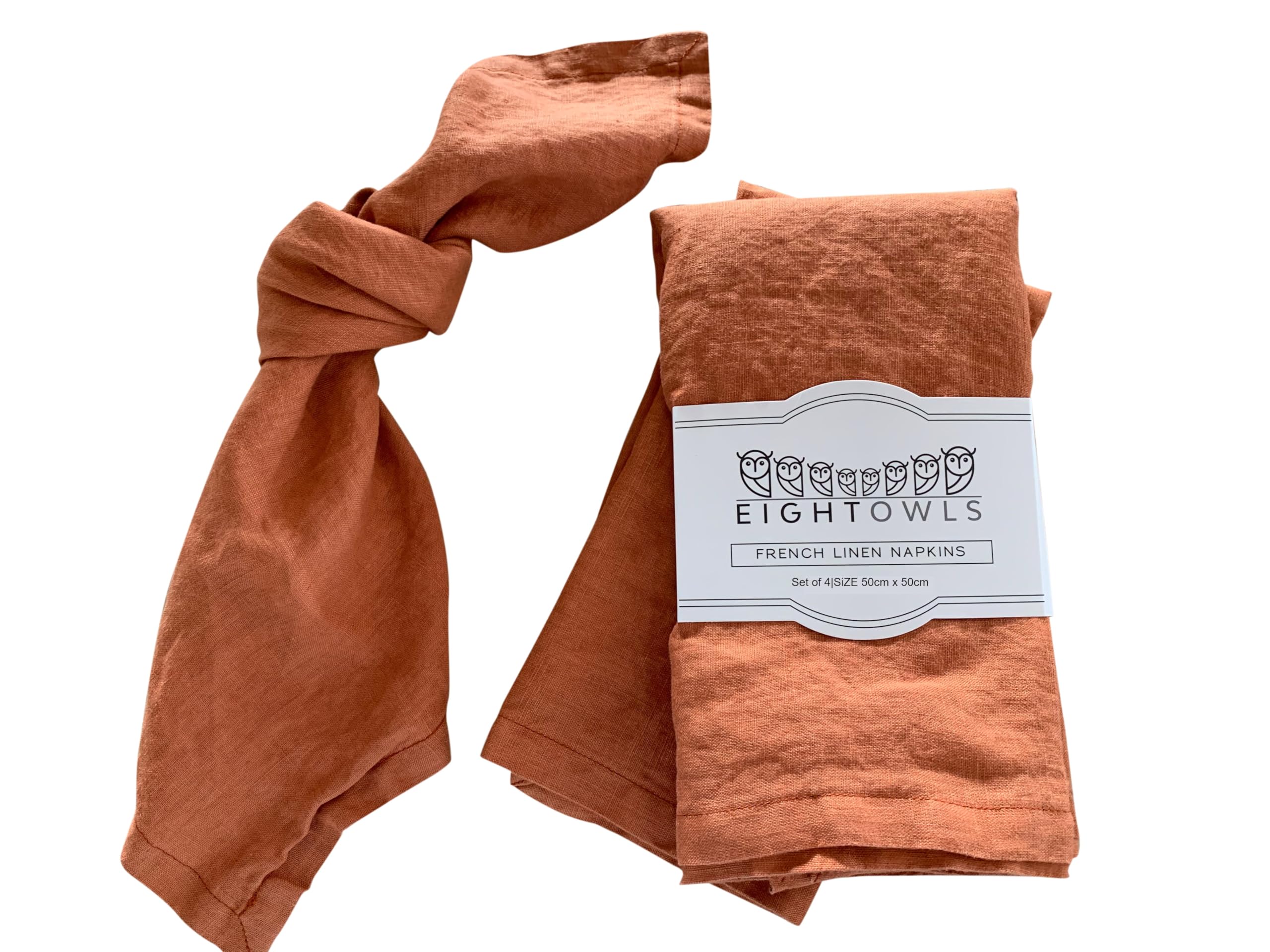 Eight Owls Linen Napkins – 100% Pure Stonewashed Linen Cloth Napkins – Mitered Corners - Size 45 cm x 45 cm – Set of 4 (Rustic Orange)