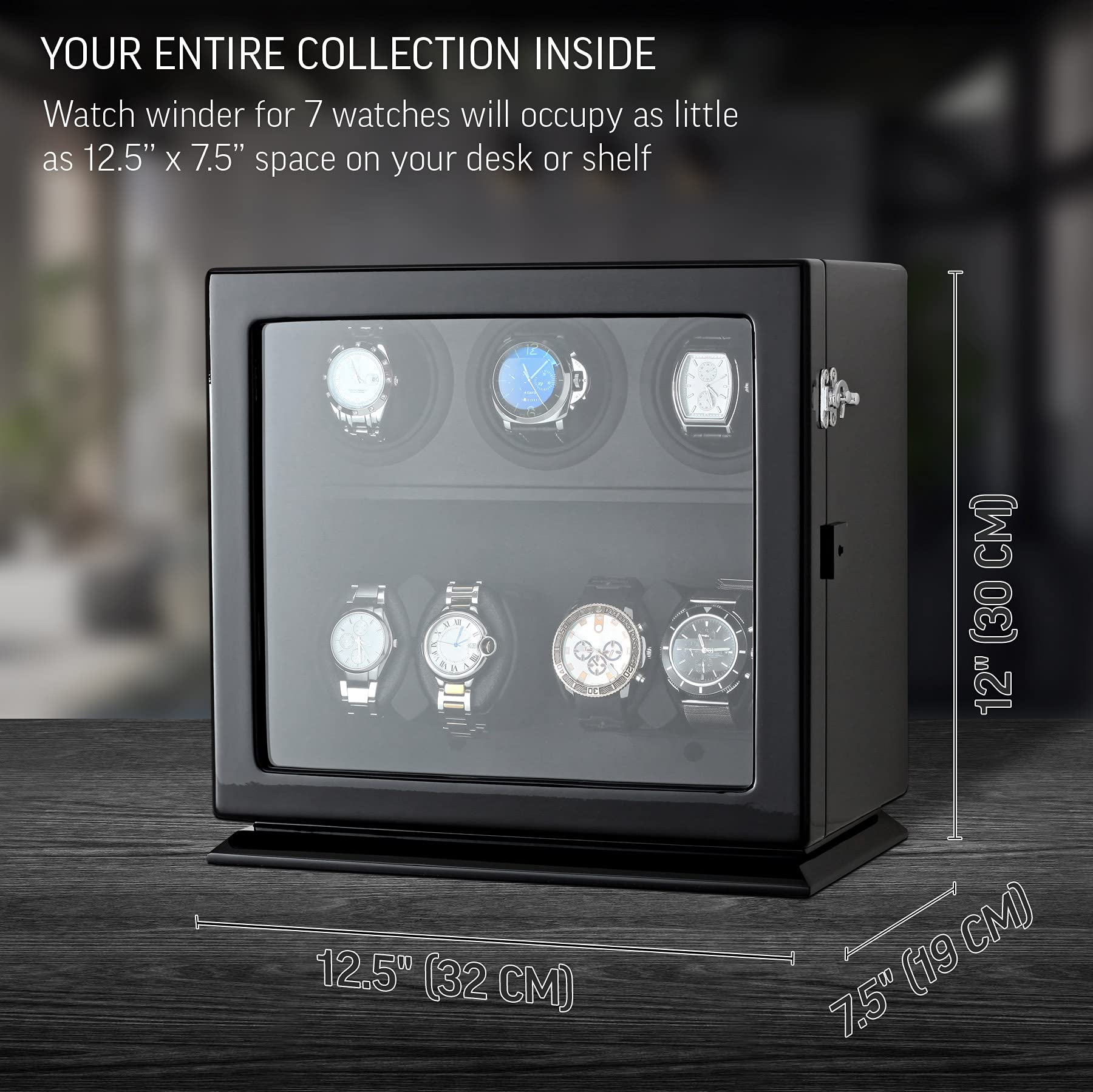 Watch Winder for 7 Watches with Interior Backlight, Motor-Stop Option and Battery Power Option (Black)