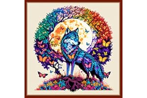 Dimensean Stamped Cross Stitch Kits Full Range of Embroidery Patterns Starter Kits for Beginners Adult or Kids DIY Cross Stitches Needlepoint Kits 11CT-Wolf Wreath 17.7x17.7 inch
