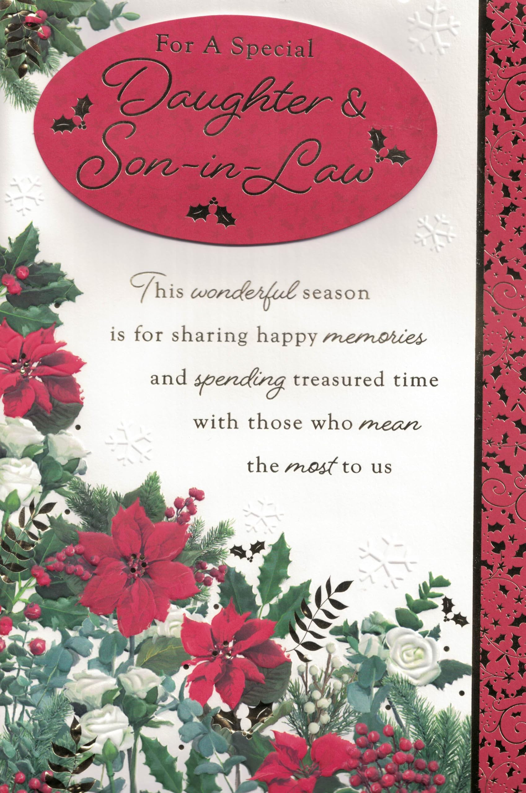Large Christmas Greeting Card for Daughter & Son-in-Law, 12 x 8 inches, 8 page insert, Red Floral Design
