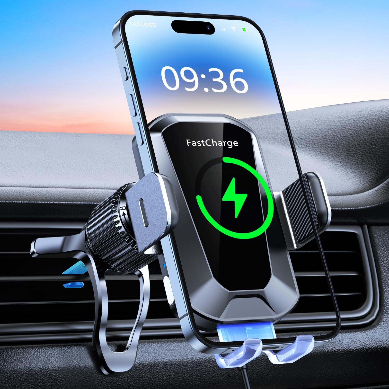 EOIWUY Car Phone Holder Wireless Charger, Auto Clamping 15W Fast Wireless Car Charger, Super Stable Air Vent Car Phone Mount Charger for iPhone Pro Max/17/16/15/14/13/12, Galaxy S25 Ultra/S25/S24/S23