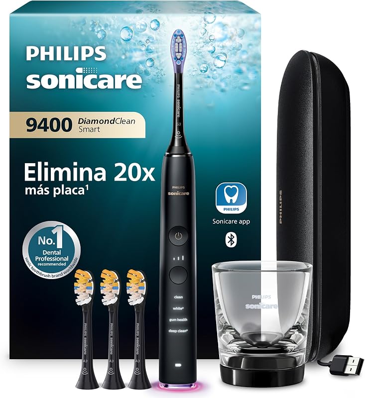 Sonicare DiamondClean Smart 9400 cepillo dental eléctrico, sónico con aplicación, sensor de presión, 4 modos de cepillado y 3 niveles de intensidad, negro, modelo HX9918/89