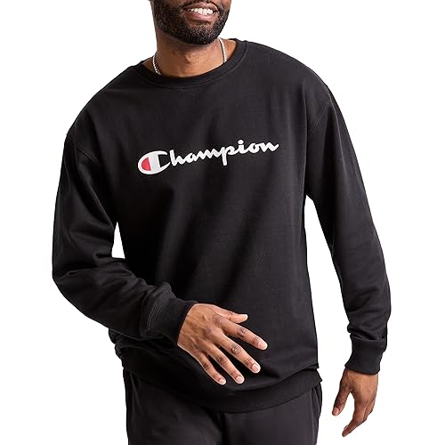 Champion Men's Big Casual Crewneck Graphic Sweatshirt, Black-Classic Script Logo, Large Tall