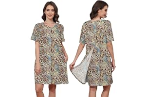 Liokoc Hospital Gowns for Women Open Back Tear Away Snap Post shoulder Dress Short Sleeve Soft Adaptive Clothing with Pockets