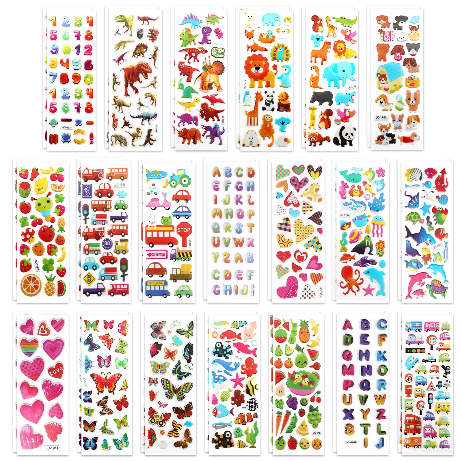 40 Sheets of 3D Puffy Stickers for Kids, Multiple Designs Self-Adhesive Children Stickers Includes Animals Numbers Letters Fruits for Journal Water Bottles Scrapbooking DIY Crafts (Basic Style)