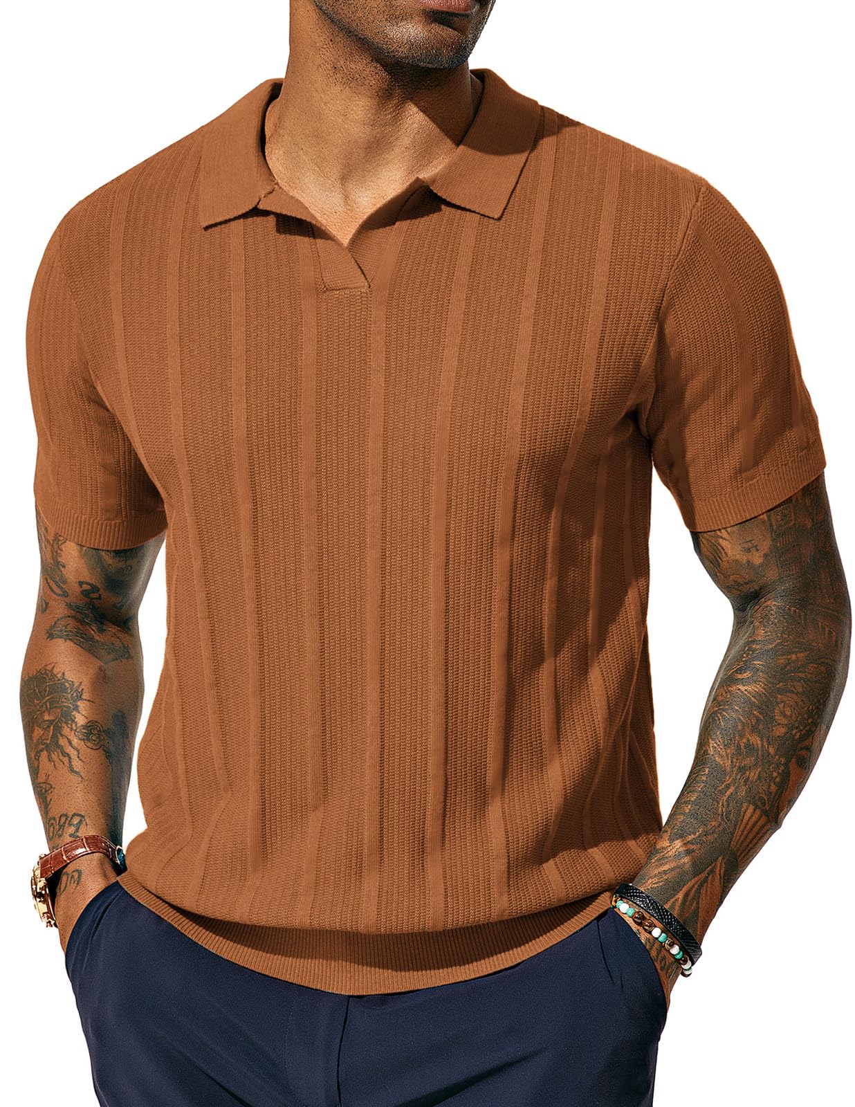 PJ PAUL JONES Mens Polo Shirts Regular Fit Textured V-Neck Knit Golf Polos