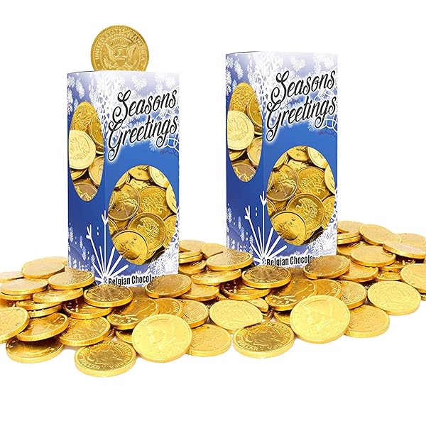 THE DREIDEL COMPANY SEASONS GREETINGS MILK CHOCOLATE GOLD COINS, STOCKING STUFFERS, NUT-FREE, BELGIAN MILK CHOCOLATE COINS, KOSHER CERTIFIED GELT (2 POUNDS)