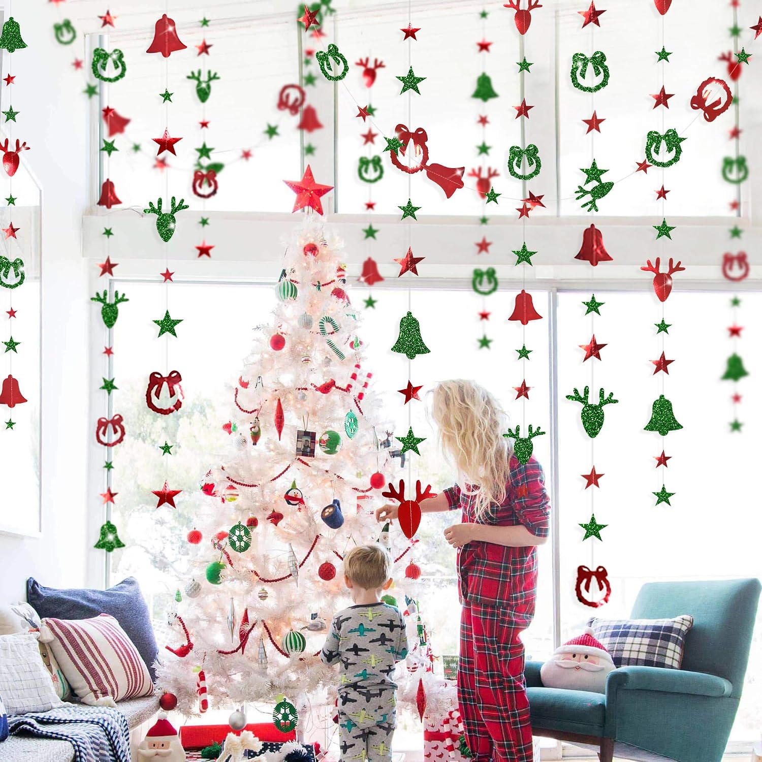 Christmas Party Decorations Kit Red and Green Xmas Garland Paper Wreath Reindeer Star Jingle Bells Hanging Bunting Backdrop Banner for Home Kid's Room New Year Merry Christmas Birthday Party Décor - Image 5