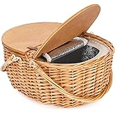 Wicker Picnic Basket with Cooler, Wooden Split Lid Picnic Basket, Vintage-Style Wicker Picnic Hamper with Folding Woven Handle for Picnic, Camping, Outdoor, Valentine Day, Thanks Giving, Birthday