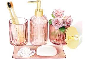 Designer Pink Glass Bathroom Accessories Sets - 4 Pcs with Lotion Soap Dispenser, Bathroom Toothbrush Holder, Vanity Tray, an