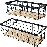 ShabbyDecor Metal Wire Basket Detachable Wood Base Storage Organizer Farmhouse Hanging Basket for Kitchen Cabinets, Bathroom, Pantry, Laundry Room Set of 2,Black Color