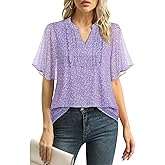 Furnex Womens Blouses Chiffon Ruffle Short Sleeve Tops Summer Pleated V Neck Casual Work Tops