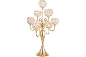 BIGSEE Gold Candelabra with Crystal for Table top Centerpiece, 7 Arms 27.1 inch Tall Chandelier Votive Candle Holders with Globes for Wedding, Dinner Party, Anniversary Celebration and Formal Event