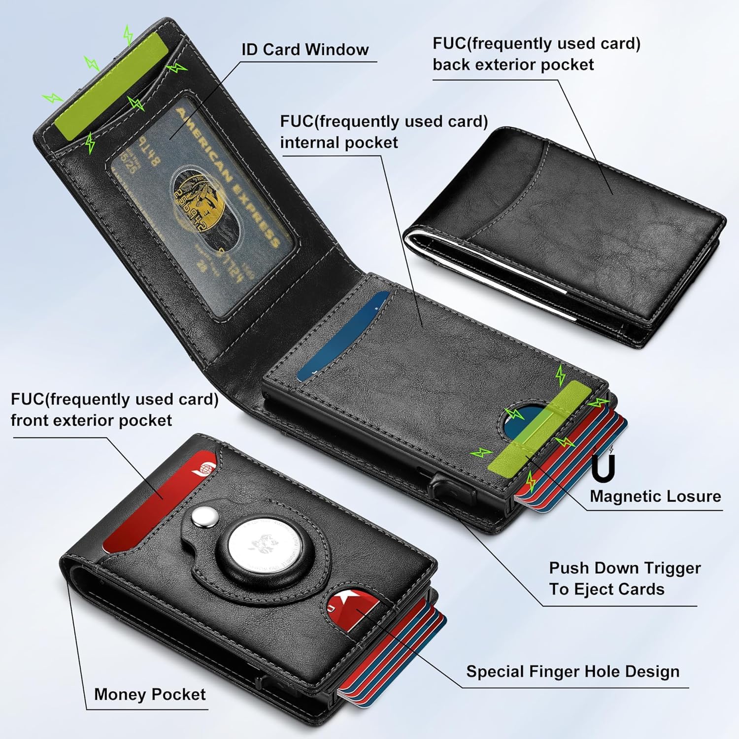 Condition photo showing New/Like New for furid airtag wallet for men - smart apple air tag wallet with airtag holder, rfid pop up slim minima