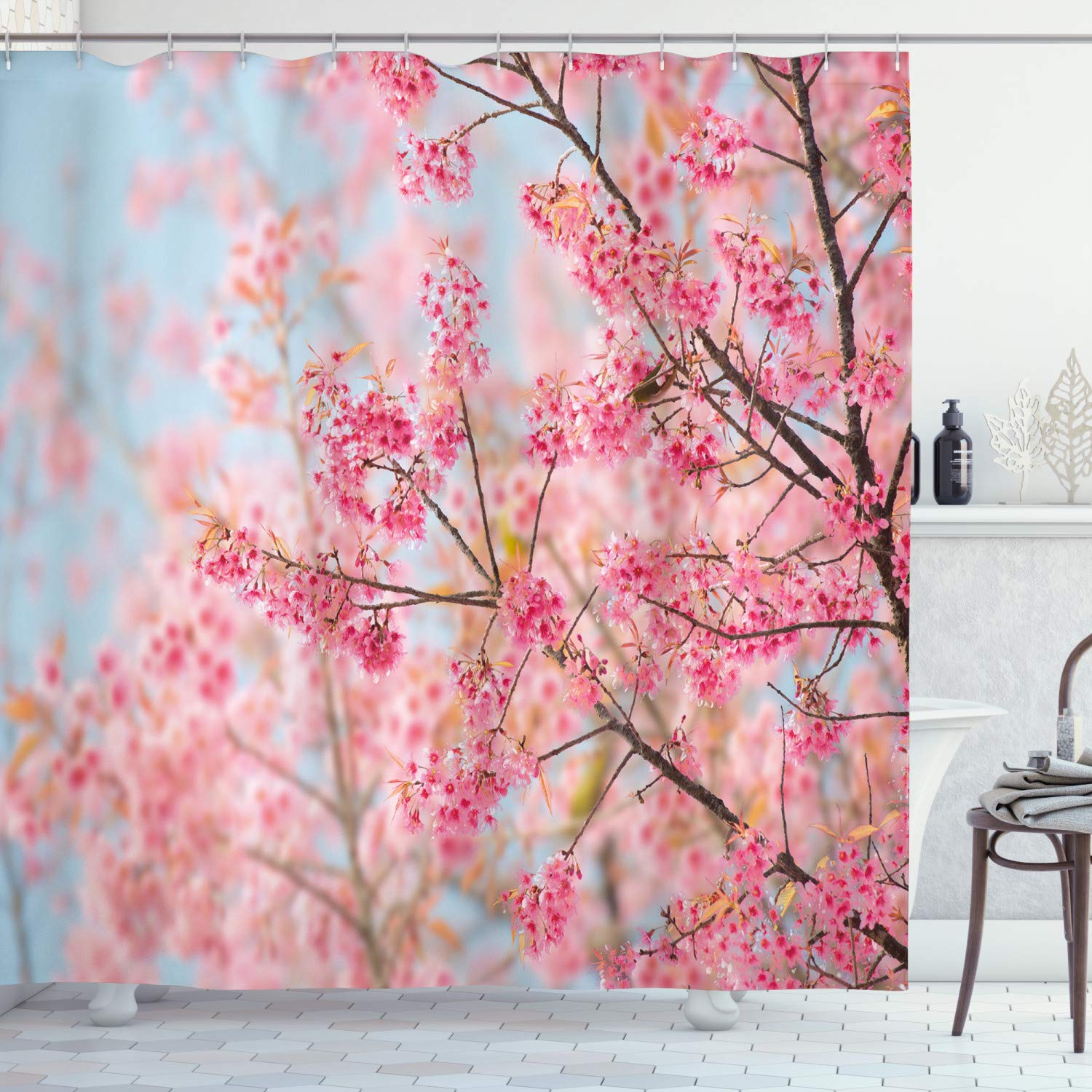 ABAKUHAUS Floral Shower Curtain, Japanese Sakura Cherry Blossom Branches Full of Spring Beauty Picture, Cloth Fabric Bathroom Decor Set with Hooks, 86 Inches Extra Long, Pale Pink Baby Blue — image 1