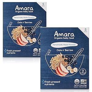 Amara Organic Baby Food | Oats and Berries | Homemade Made Possible | Mix with Breastmilk or Water | Certified Organic, Non-GMO, No Added Sugars| Stage 2 | 10 Pouches