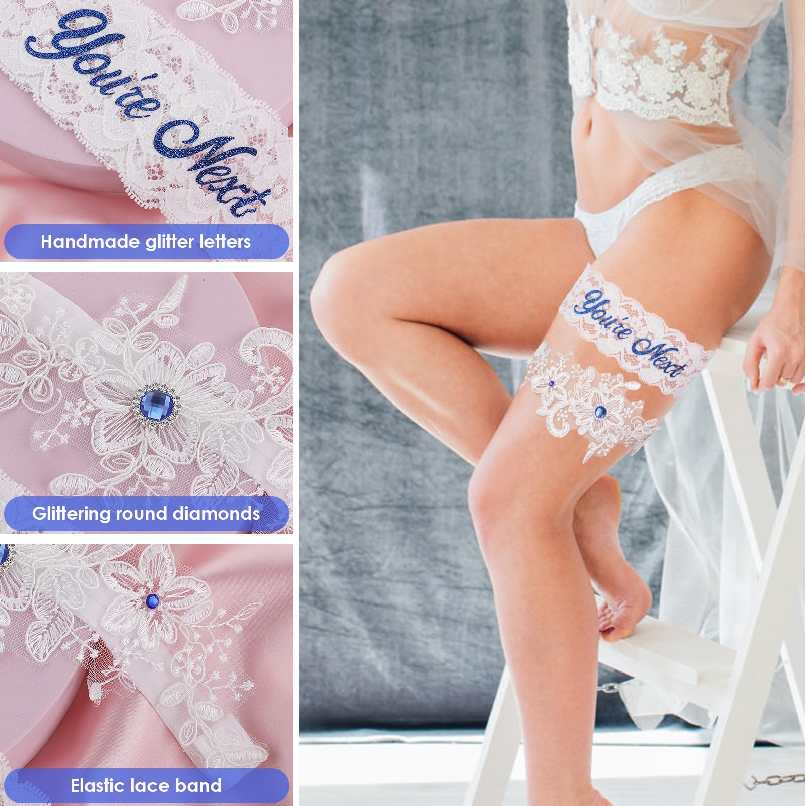 Lusofie 2Pcs Bridal Wedding Garter Rhinestones Blue Wedding Garter for Bride White Lace Floral You're Next Garters for Bride Women