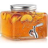 MosJos Glass Drink Dispenser for Fridge - Stainless Steel Spigot Mason Jar Dispenser with Wide Opening & Easy-Fill - Beverage Storage for Outdoor, Water, Iced Tea, Juice, Sangria & Detergent, 1 GALLON