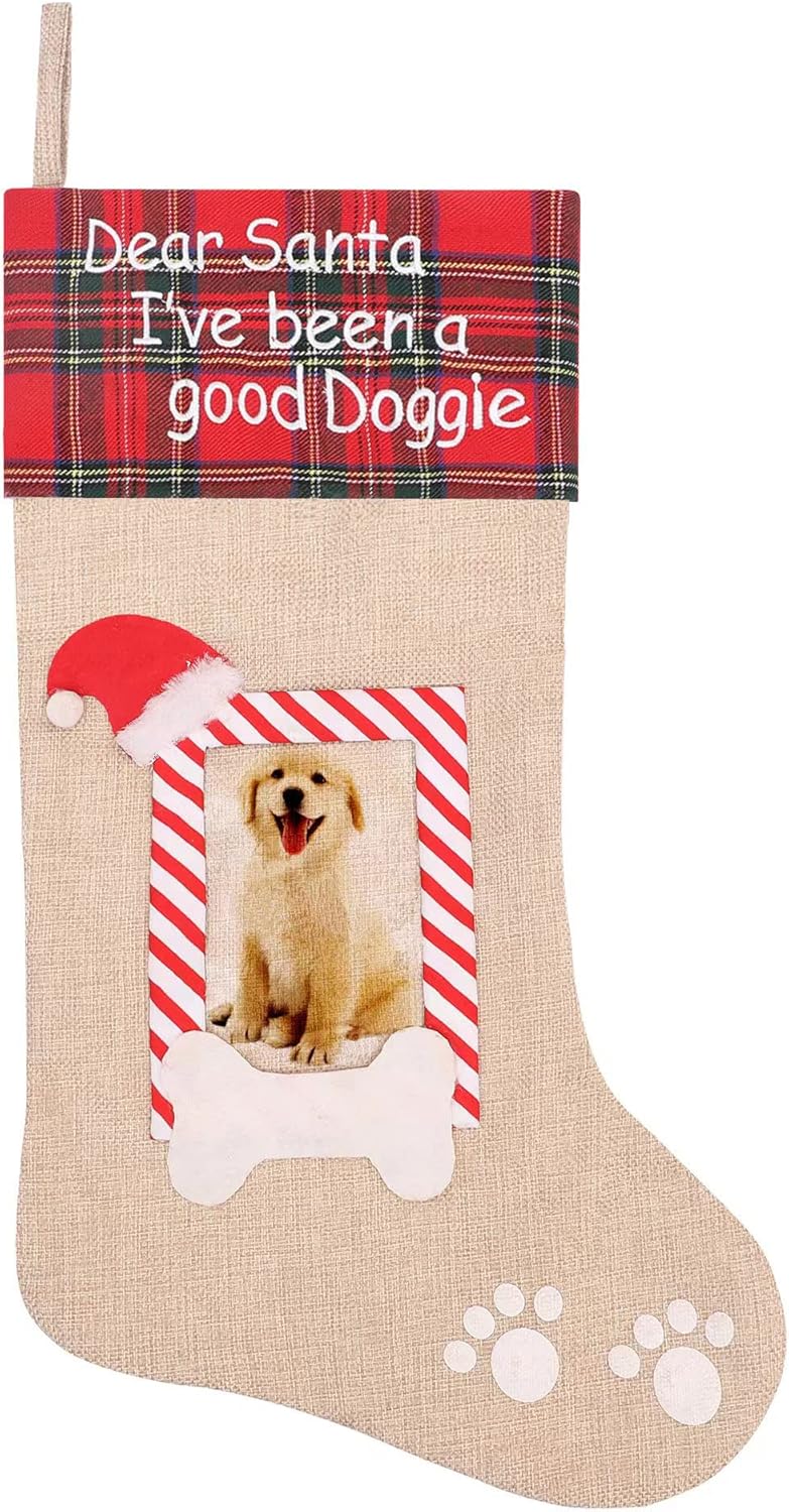Stockings & Holders - Tokforty Burlap Pet Christmas Stockings, Personalized 20 Inches Christmas Paw Stockings Hanging Ornaments with Family Photo Frame, Xmas Tree Hanging Gift Bag for Home Holiday Xmas Party Decorations