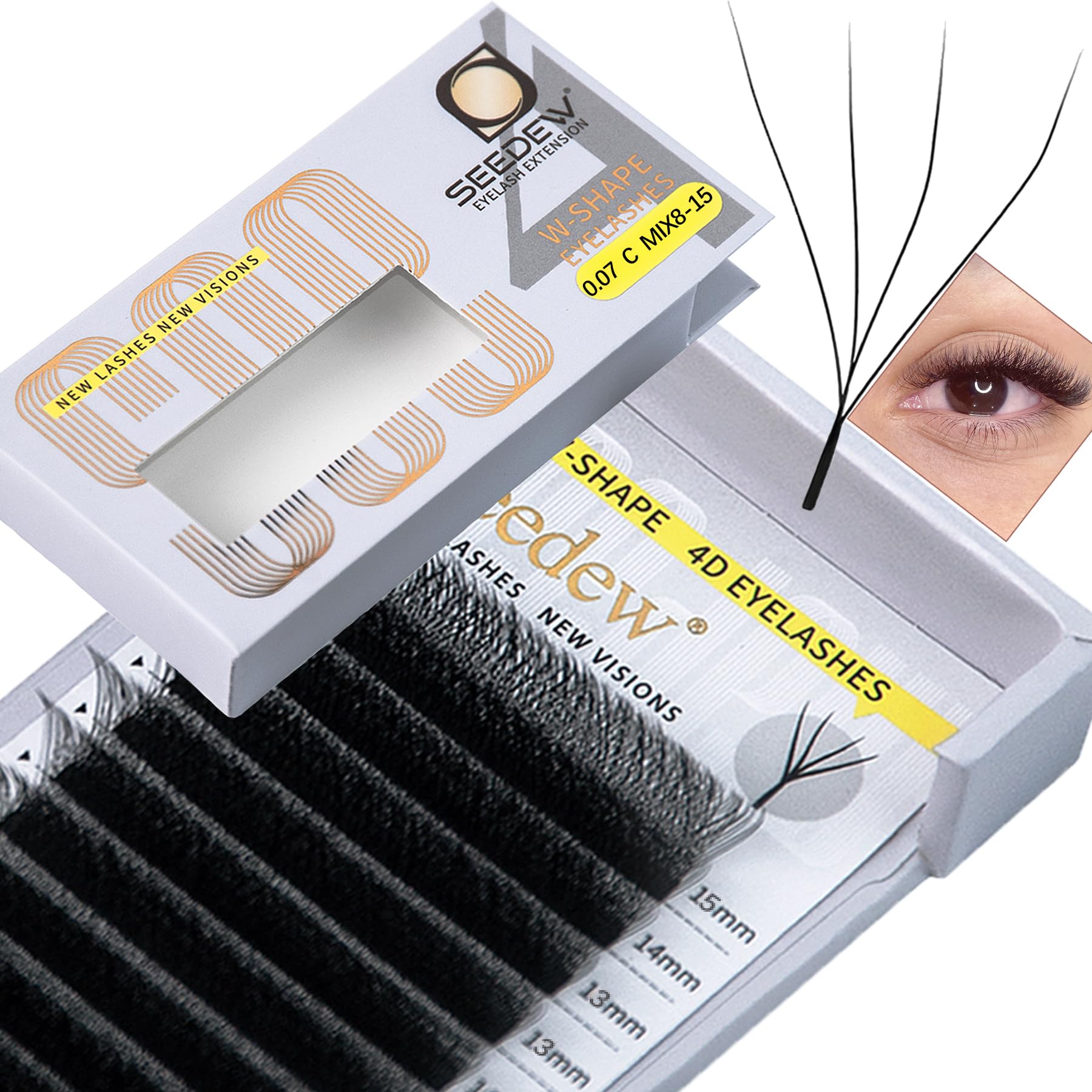 SEEDEW 4D Lash Extensions, 0.07mm C Curl MIX8-15mm 12 Rows/Tray, W Shape Flat Stem, Korean PBT Volume Eyelash Grafting for Beginner Artist, Lash Tech, Beauty Salon(4D-Matte Black-0.07-C-MIX8-15mm)