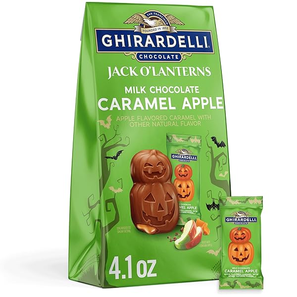 GHIRARDELLI MILK CHOCOLATE CARAMEL APPLE JACK O’ LANTERNS, 4.1 OZ BAG – HALLOWEEN CANDY FILLED WITH TART APPLE CARAMEL FOR GIFTING & SNACKING