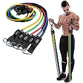 Moss Performance Premium Long Tube Resistance Bands with Handles, Set of 5 Strengths with Carrying Bag, for Men and Women, Strength Training Home Gym Workout Equipment