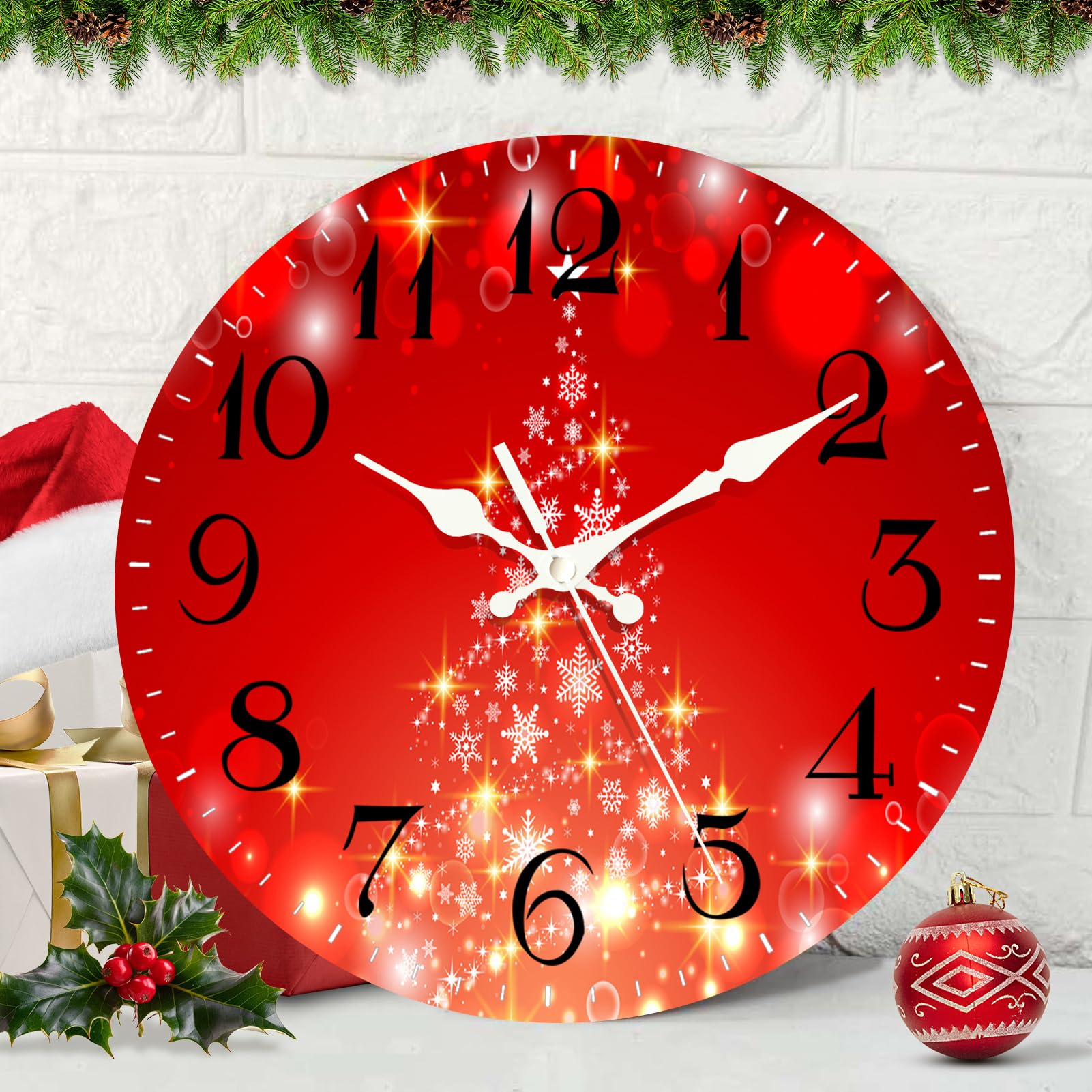 Photo 1 of ArtSocket Christmas Wall Clock Silent Non-Ticking, Christmas Tree Snowflake Red Winter Snow Round Wall Clocks Decor for Home Kitchen Living Room Office, Battery Operated(12 Inch)