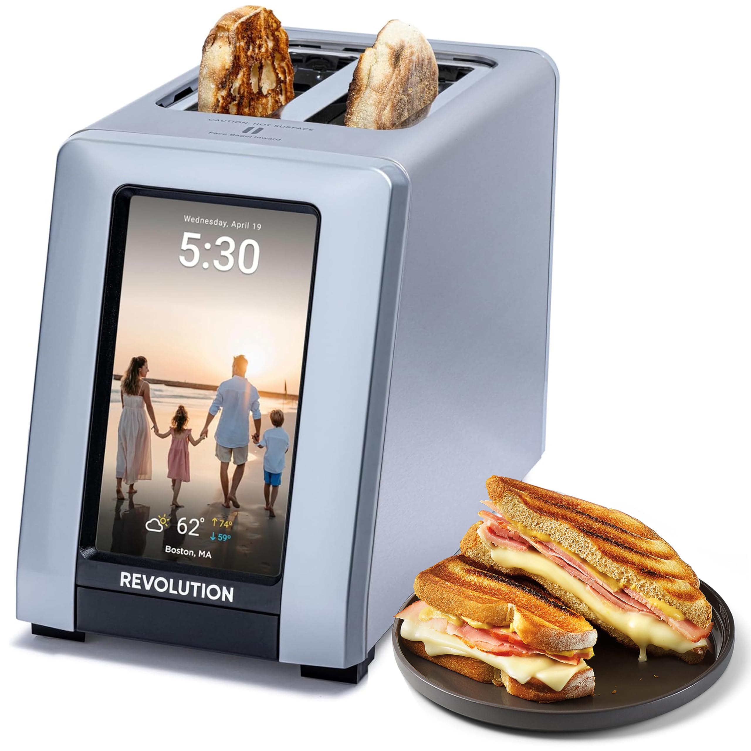 Tostadora inteligente Revolution R180 Connect Plus con pantalla táctil: elija entre más de 40 tipos de pan, 7 niveles de tostado y modo Toastie Press: marco de fotos digital, widget del tiempo y reloj