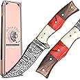 Ashen Edge Damascus Steel 4.3" Hunting Knife | Lightweight 7.8" Total Length with 3.5" Ergonomic Handle & Printed Leather Sheath | Premium Tool for Camping, Hiking, and Outdoor Adventures (Multi-color)