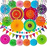 32Pcs Cinco De Mayo Decorations Fiesta Party Decorations Multi-Color Paper Fans Garlands Pennant Pom Poms Hanging Swirls for Birthday Wedding Rainbow Mexican Party