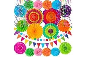 LABROSTAR 32Pcs Cinco De Mayo Decorations Fiesta Party Decorations Multi-Color Paper Fans Garlands Pennant Pom Poms Hanging Swirls For Birthday Wedding Rainbow Mexican Party