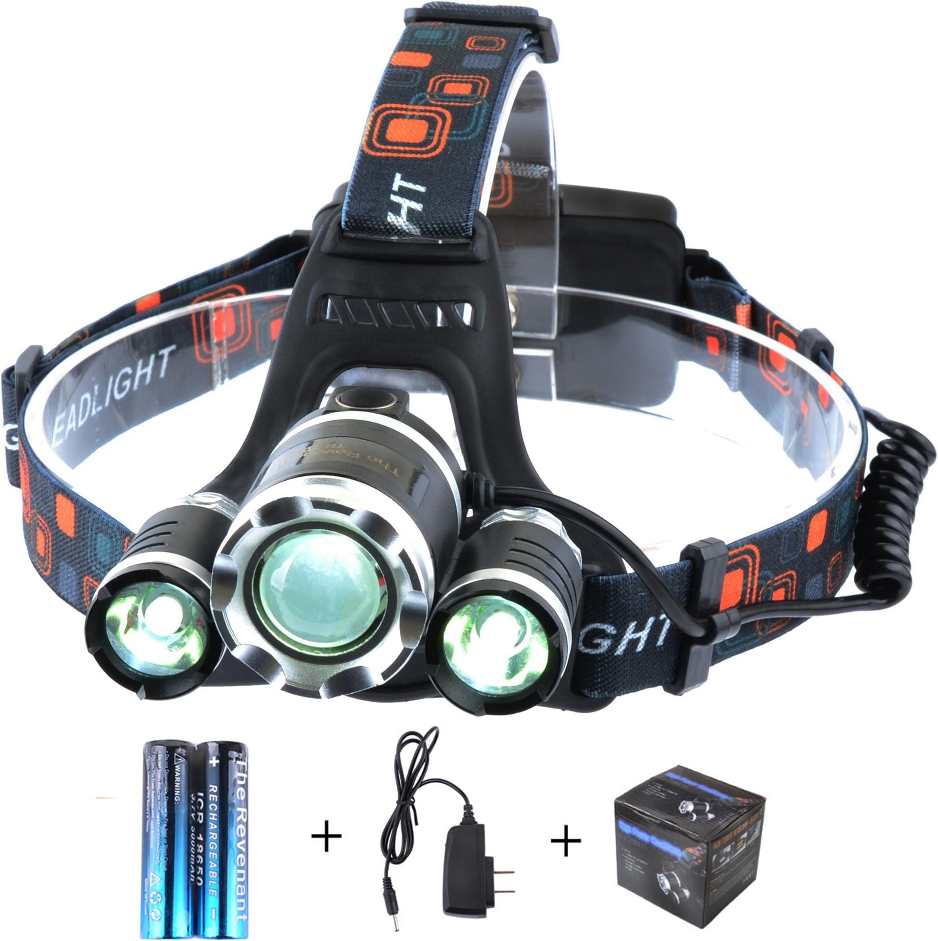 The Revenant Super Bright LED Headlamp Headlight 5000 Lumens 4 Modes 3 CREE XM-L T6 Zooomable Waterproof, Rechargeable Battery & Charger