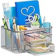 Marbrasse Mesh Desk Organizer, Pen Organizer with 2 Drawer, Multi-Functional Pencil Holder, Desk Organizers and Accessories with 5 Compartments + Drawer for Office Art Supplies (Silver)