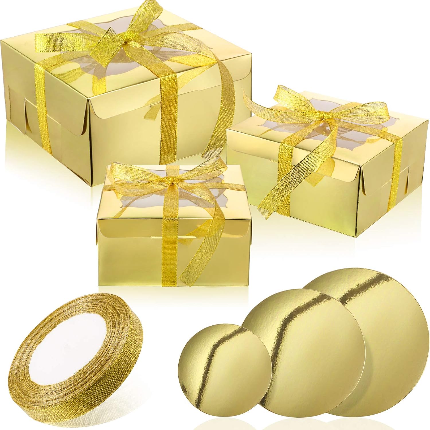 7 Pieces Cake Boxes Window Gold Cardboard Cake Boxes Set Cake Wrapping ...