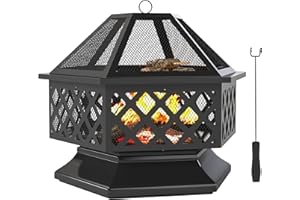 Outsunny 28" Outdoor Fire Pit, Hexagon Wood Burning Firepit with Spark Screen, Poker, BBQ Grill Fireplace for Patio Backyard 