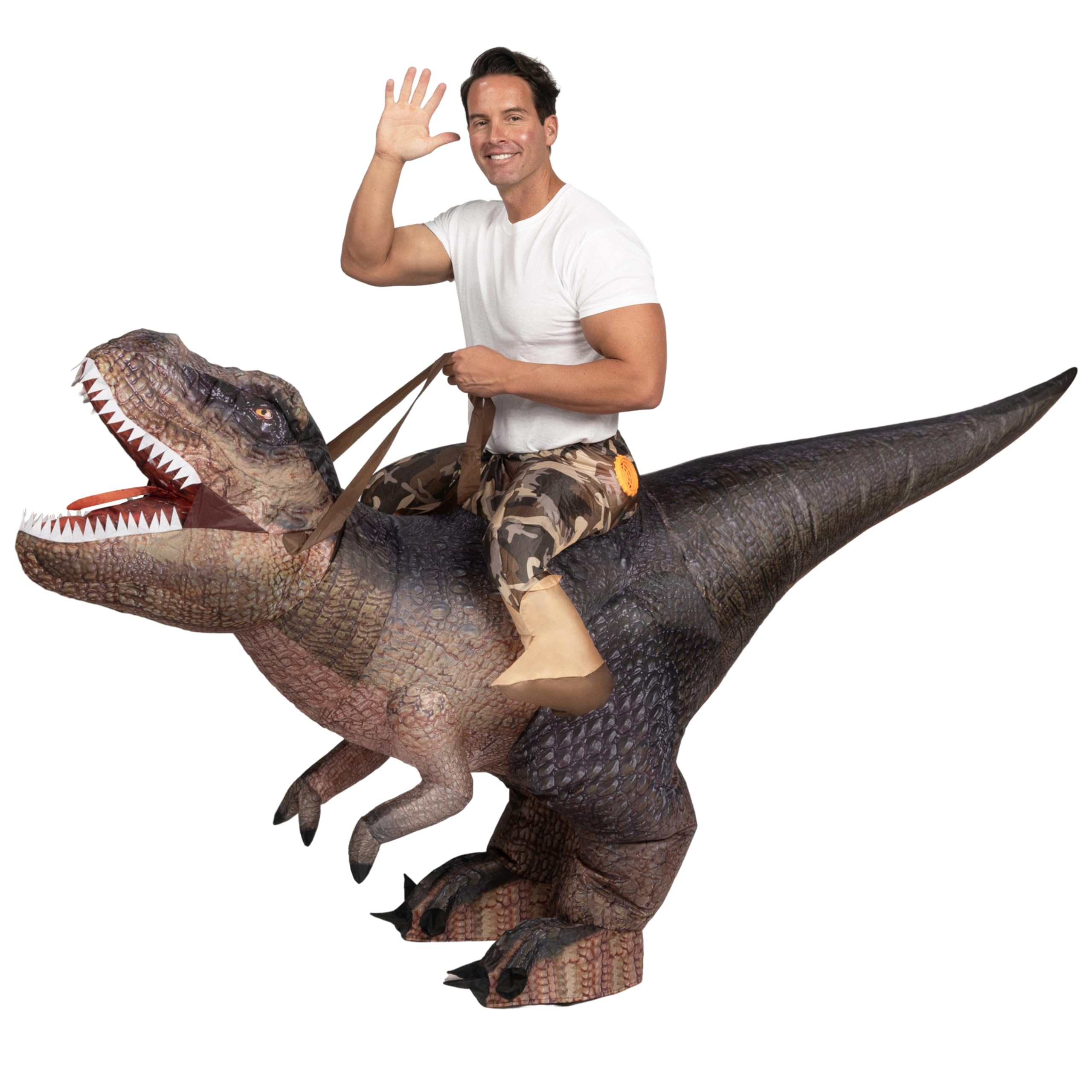Photo 1 of Spooktacular Creations Inflatable Dinosaur Costume Adult, Ride on T Rex Blow Up Costume, Inflatable Suit for Halloween Cosplay Themed Parties, Brown, X-Large(71In)